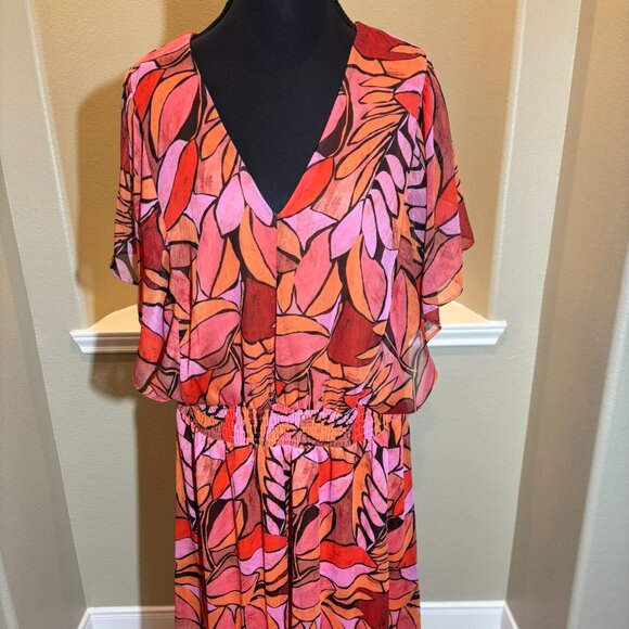 🧡DKNY Red Orange Floral Tropical Flowy Colorful Plunging Neckline Dress Size 14 - Picture 3 of 10